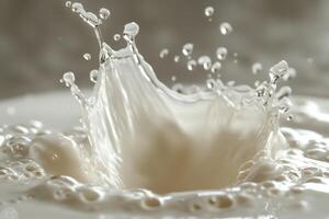 A close-up shot of milk splashing, capturing the moment of impact and fluid dynamics. photo