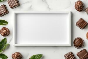 A blank frame surrounded by assorted chocolates and green leaves on a marble background. photo