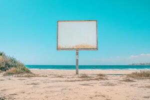 A blank billboard stands on a sandy beach with the ocean in the background under a clear sky. photo