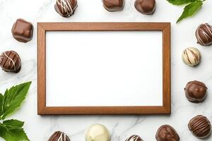 A blank wooden frame surrounded by assorted chocolates and mint leaves on a marble surface. photo