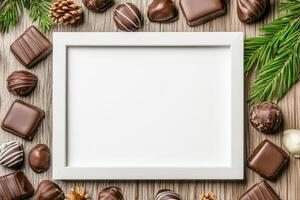 A blank frame surrounded by various chocolates and pine decorations on a wooden surface. photo