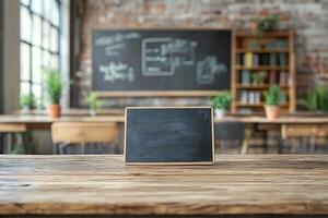 A blank chalkboard on a wooden table in a cozy, modern classroom setting. photo