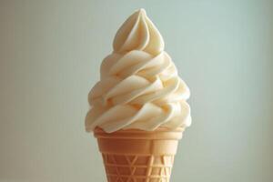 A creamy swirl of soft-serve ice cream in a waffle cone, inviting and delicious. photo