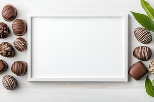 A blank frame surrounded by assorted chocolate treats on a light background. photo