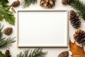 blank frame surrounded by pinecones and foliage, ideal for seasonal decoration. photo
