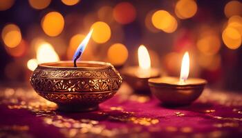 A close-up of a glowing Diya with blurred festive bokeh lights in the background photo