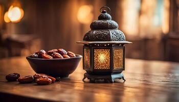 A beautifully lit Ramadan lantern with golden patterns, next to a bowl of dates on an ornate wooden table photo