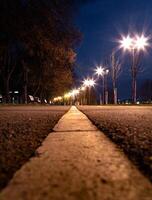 A low-angle nighttime shot of a quiet pathway lined with glowing streetlights, creating a leading perspective. The warm lights contrast beautifully against the deep blue night sky. photo
