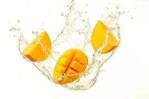 Slices of mango dancing in water freshness on white photo
