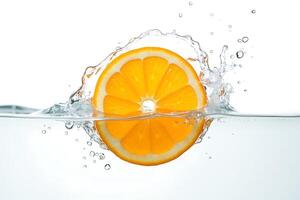 Orange slice plunges joyfully refreshing clear splash photo