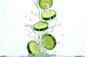 Crisp refreshing cucumber slices dancing in water drops photo