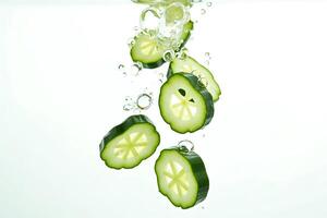 Cucumbers splashing into water creating a refreshing wave photo
