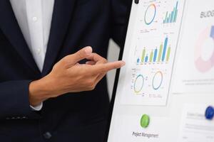 Presentation and Analysis. A professional explaining project management metrics during a corporate meeting. photo