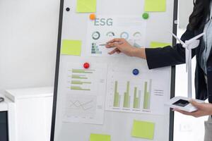 ESG Strategy Presentation and Sustainable Development. A professional discussing environmental trends in a meeting. photo