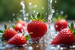 Fresh strawberries getting splashed bright bokeh drops photo