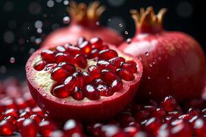 Ruby jewels burst from a pomegranate with water drops photo