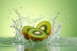 Freshly cut kiwi joyfully splashes on green gradient photo