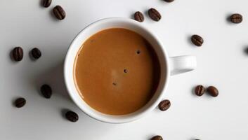 Aromatic Cup of Coffee with Roasted Beans on a White Surface, Isolated on white background photo