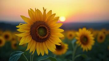 Sunflower Blooming at Sunset in a Vibrant Field of Flowers photo