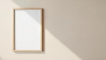 Wooden frame mockup on white wall. Poster mockup. Clean, modern, minimal frame. Empty fra.me Indoor interior, show text or product photo