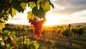 Ripe Red Grapes Hanging from Vine at Sunset in Vineyard with Rows of Grape Plants in Background photo
