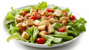 Fresh Salad with Croutons and Cherry Tomatoes for Healthy Eating, Isolated on white background photo