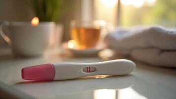 Pregnancy test resting on a countertop near a warm cup of tea in a cozy morning setting with soft sunlight illuminating the scene photo