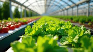 Greenhouse cultivation of fresh vegetables with rows of lettuce and tomatoes growing under controlled conditions in a high tech facility photo