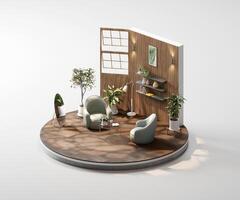 Isometric view round brown living room cozy style open inside interior architecture 3d rendering photo
