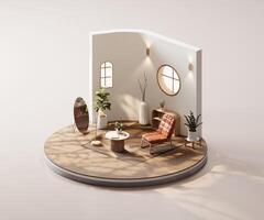 Isometric view round white living room muji style open inside interior architecture 3d rendering photo