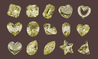 Yellow crystal object geometry shape set isolated background 3d rendering photo