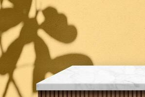 Minimal White Marble Table Corner with Shadow and Rose Gold Light Beam on Concrete Wall Background in Japandi Style photo