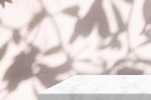 Minimal White Marble Table Corner with Shadow and Warm Light Beam on Concrete Wall Background photo