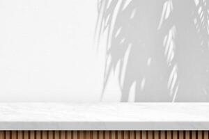 Marble Table with Coconut Leaves Shadow on Wall Texture Background photo