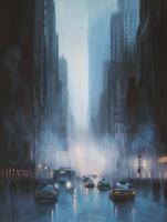 Impressionistic Style Cityscape with Vehicles on Wet Streets and Tall Buildings in a Somber Color Palette photo