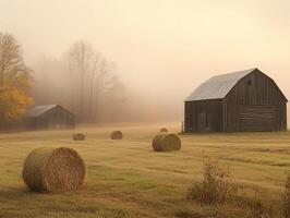 Hay Bales and Rustic Barns in a Foggy Field at Sunrise in Rural Landscape with Soft Light and Rolling Terrain photo