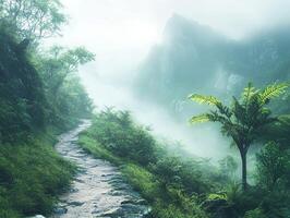 Green Mountain Landscape with Foggy Atmosphere Trees and Winding Footpath and Sunny Sky and Leaves photo