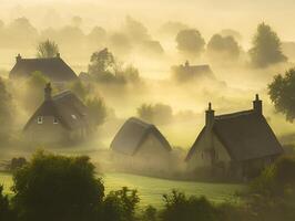 Hazy Cotswolds Village at Dawn with Thatched Roof Cottages Surrounded by Green Fields and Mist in Golden Light photo