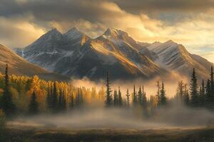 Scenic Mountain Landscape with Snow Capped Peaks and Golden Sunlight Illuminating Forest and Misty Valley During Daytime photo