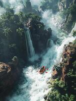 Aerial View of Orange Raft Navigating a Waterfall River Through Lush Green Tropical Forest on a Sunny Day in a Secluded Paradise Destination photo