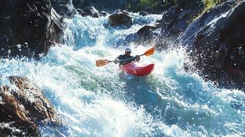 Athlete Kayaker Navigating Whitewater Rapids in Red Kayak on Fast Flowing River Under Sunny Sky photo