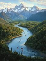 Aerial View of Winding River with Kayakers Surrounded by Green Forest and Snow Capped Mountains During Sunny Day in a Vast Landscape photo