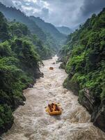 Aerial View of Whitewater Rafting Adventure on Brown River Through Green Forest Mountain Valley on Cloudy Day photo