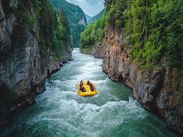 Aerial View of Whitewater Rafting Team Navigating Rapids Through a Narrow Gorge Flanked by Lush Green Forest on a Sunny Day photo