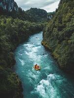 Aerial View of Whitewater Rafting Adventure Down Turquoise River Surrounded by Lush Green Forest on a Cloudy Day photo