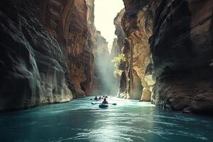 Aqua River Flows Through a Canyon with People in Kayaks and Rafts Under Bright Sunlight and Steep Rocky Cliffs photo