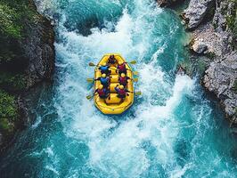 Aerial View of Whitewater Rafting Team Navigating Turquoise River Surrounded by Green Vegetation and Rocky Cliffs in Bright Daylight photo