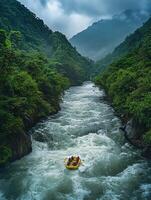 Aerial View of Whitewater Rafting Adventure with Lush Green Mountain Landscape under Overcast Sky photo