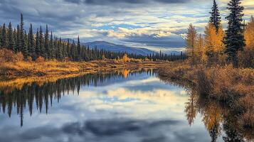 Autumn Landscape Reflecting Trees and Sky in a Calm Lake Surrounded by Lush Forest and Distant Mountains with Artistic Flair photo