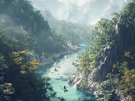 Aerial View of Two Kayaks Paddling Through a River Surrounded by Dense Green Forest and Hills with Sunlight in Tropical Climate photo